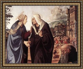 The Vision of St Anthony Framed Paintings - The Visitation with Sts Nicholas and Anthony  [detail #1] by Piero di Cosimo
